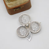 Dutch .640 Silver Queen Wilhelmina Coin Lucky Shamrock Brooch Antique 1941
