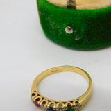 18ct Yellow Gold Seven Stone Ruby, Diamond, Emerald, Sapphire Ring Vintage c1980