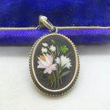 Victorian Sterling Silver Pietra Dura Mosaic Floral Drop Pendant Antique c1860
