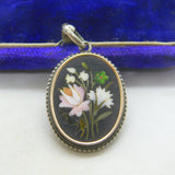 Victorian Sterling Silver Pietra Dura Mosaic Floral Drop Pendant Antique c1860
