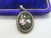 Victorian Sterling Silver Pietra Dura Mosaic Floral Drop Pendant Antique c1860