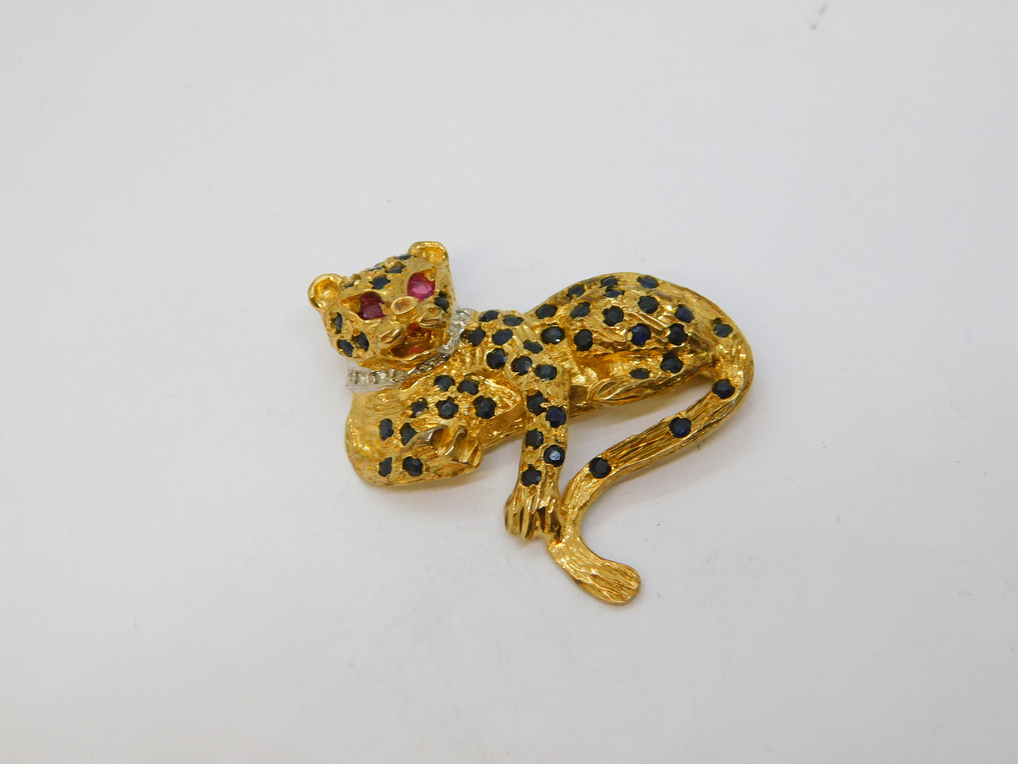 9ct Yellow Gold, Sapphire, Ruby, Diamond Panther Brooch Vintage 1988 Birmingham