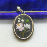 Victorian Sterling Silver Pietra Dura Mosaic Floral Drop Pendant Antique c1860