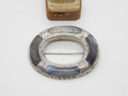 Victorian Large Scottish Sterling Silver Montrose Agate Kilt Brooch Antique 1860