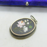 Victorian Sterling Silver Pietra Dura Mosaic Floral Drop Pendant Antique c1860