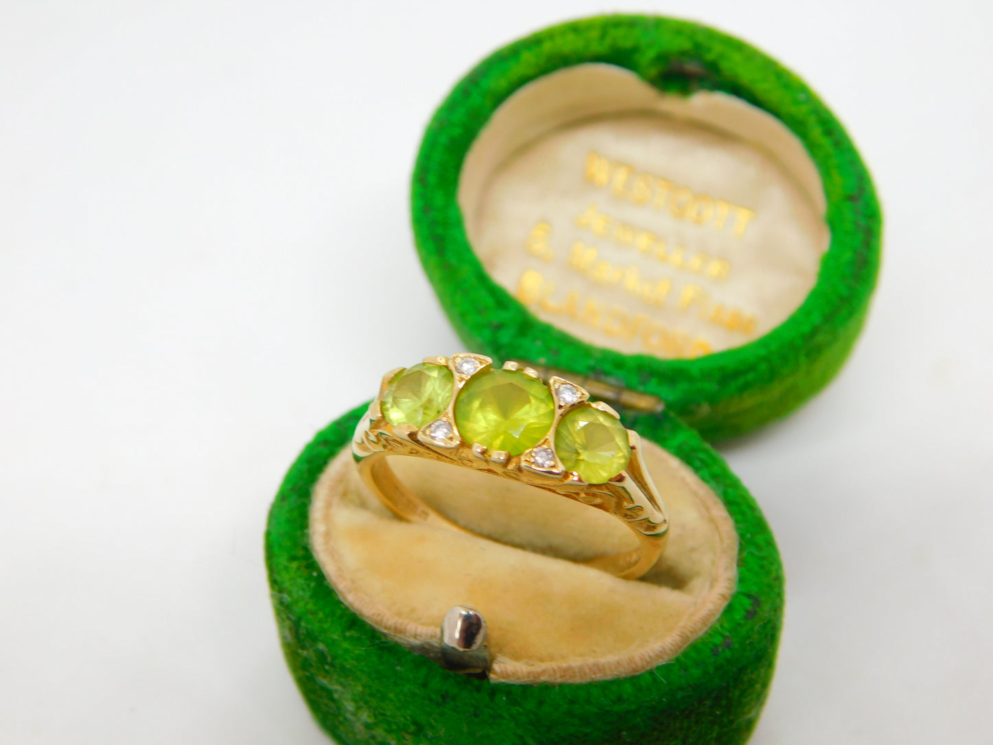 9ct Gold Victorian Style Peridot & Diamond Boat Ring Vintage 1995 London