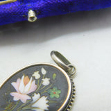 Victorian Sterling Silver Pietra Dura Mosaic Floral Drop Pendant Antique c1860