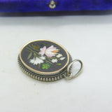 Victorian Sterling Silver Pietra Dura Mosaic Floral Drop Pendant Antique c1860