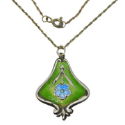 Art Nouveau Sterling Silver Floral Enamel Drop Pendant Necklace Antique c1910