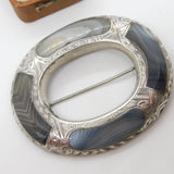 Victorian Large Scottish Sterling Silver Montrose Agate Kilt Brooch Antique 1860