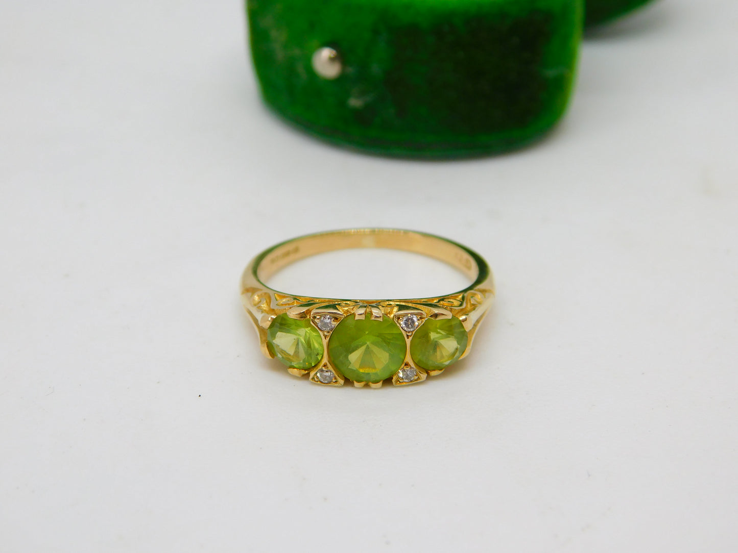 9ct Gold Victorian Style Peridot & Diamond Boat Ring Vintage 1995 London