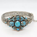 19th Century Austro-Hungarian .800 Silver, Turquoise Floral Bangle Antique c1880