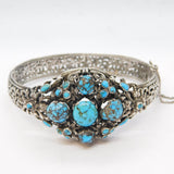 19th Century Austro-Hungarian .800 Silver, Turquoise Floral Bangle Antique c1880