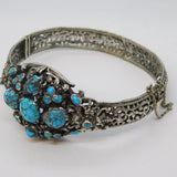 19th Century Austro-Hungarian .800 Silver, Turquoise Floral Bangle Antique c1880