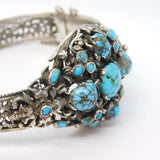 19th Century Austro-Hungarian .800 Silver, Turquoise Floral Bangle Antique c1880