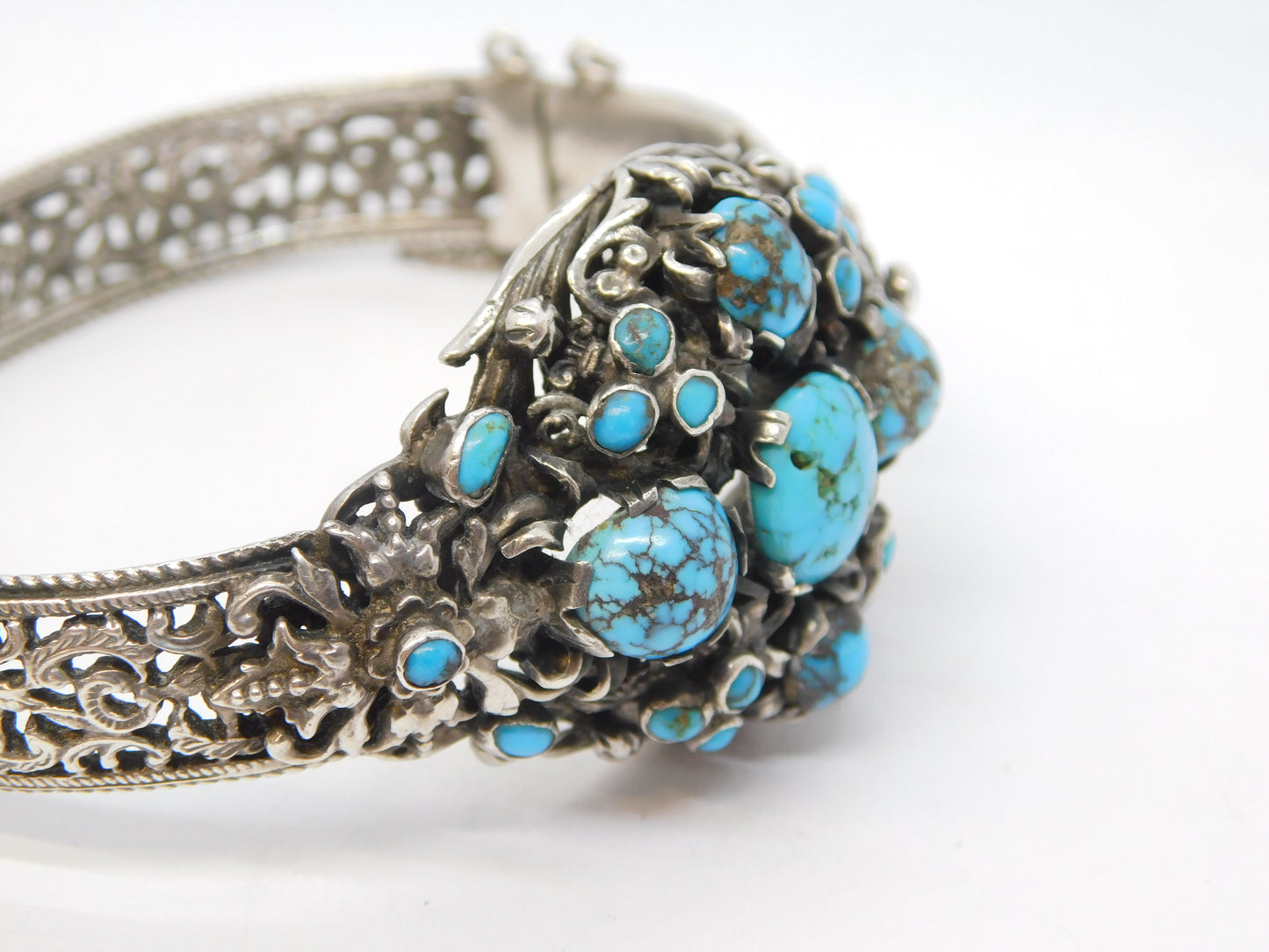 19th Century Austro-Hungarian .800 Silver, Turquoise Floral Bangle Antique c1880