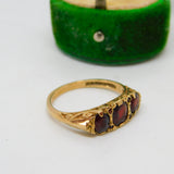 9ct Yellow Gold & Bohemian Garnet Set Boat Ring Vintage 1977 London