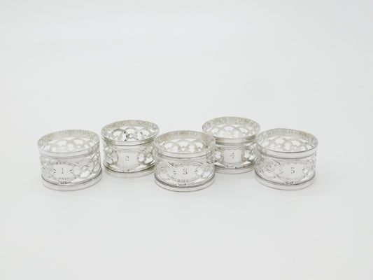 Set of Five Sterling Silver No. 1,2,3,4,5 Napkin Rings Antique 1909 Birmingham