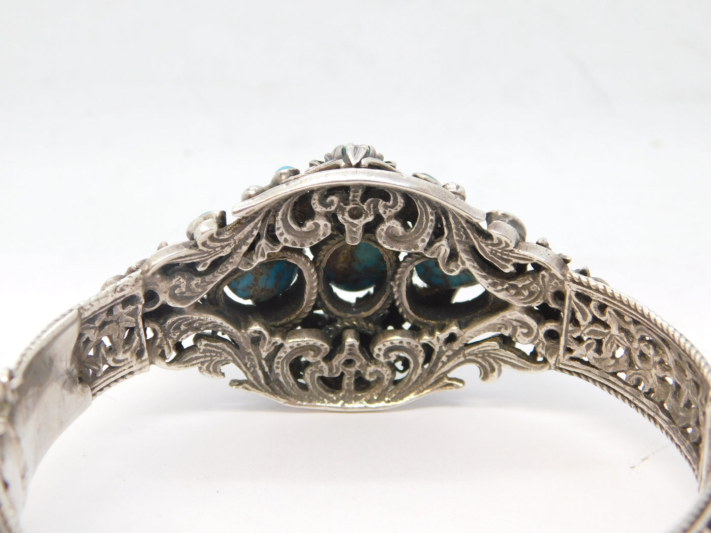19th Century Austro-Hungarian .800 Silver, Turquoise Floral Bangle Antique c1880