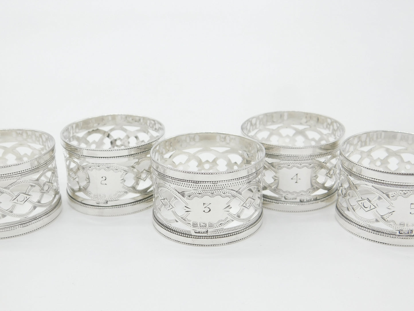 Set of Five Sterling Silver No. 1,2,3,4,5 Napkin Rings Antique 1909 Birmingham