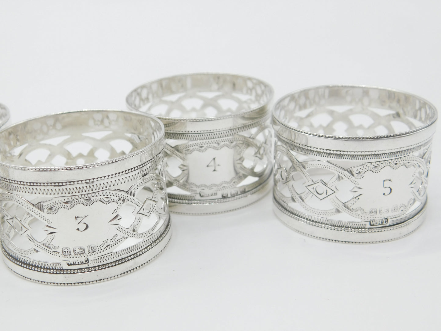 Set of Five Sterling Silver No. 1,2,3,4,5 Napkin Rings Antique 1909 Birmingham