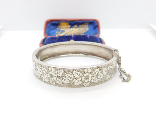 Aesthetic Movement Sterling Silver Floral Cuff Bangle Bracelet c1890 Victorian