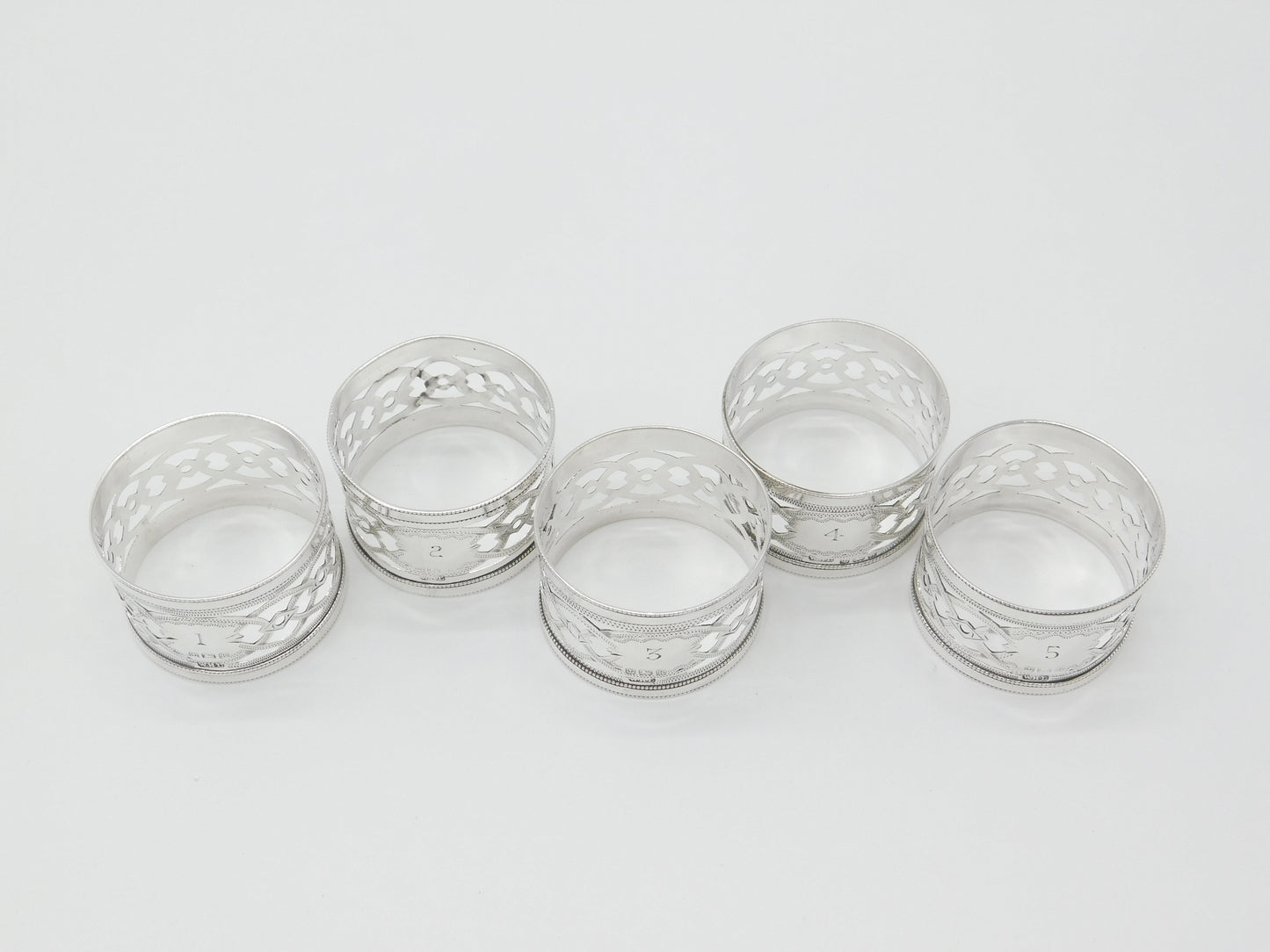 Set of Five Sterling Silver No. 1,2,3,4,5 Napkin Rings Antique 1909 Birmingham