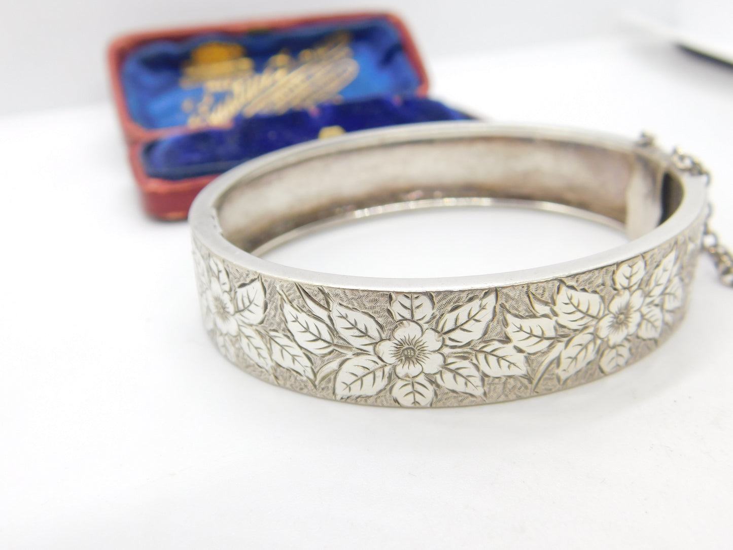 Aesthetic Movement Sterling Silver Floral Cuff Bangle Bracelet c1890 Victorian