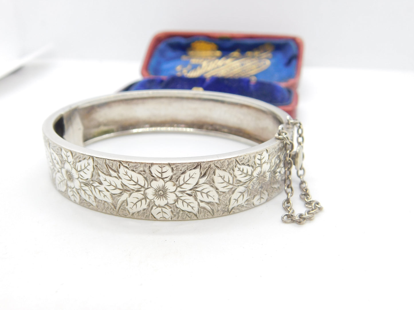 Aesthetic Movement Sterling Silver Floral Cuff Bangle Bracelet c1890 Victorian