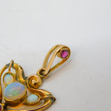 Art Nouveau 9ct Gold, Ruby & Cabochon Opal Lavalier Pendant Antique c1910