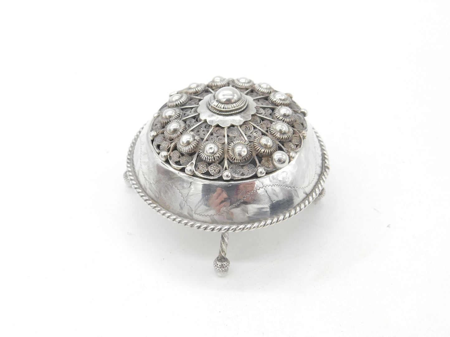 Victorian Middle Eastern Sterling Silver Trinket Box Acorn Feet Antique c1860