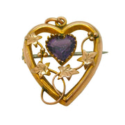 Edwardian Sterling Silver Amethyst Sweetheart Brooch Antique 1910 Chester