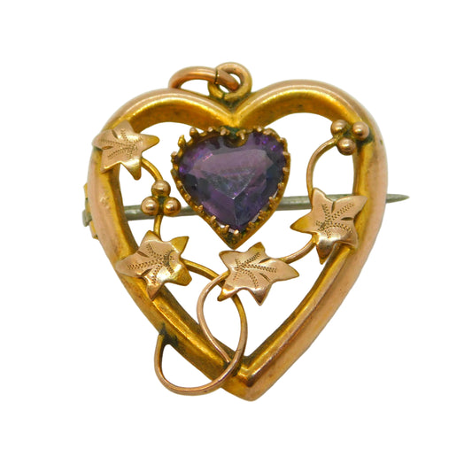 Edwardian Sterling Silver Amethyst Sweetheart Brooch Antique 1910 Chester