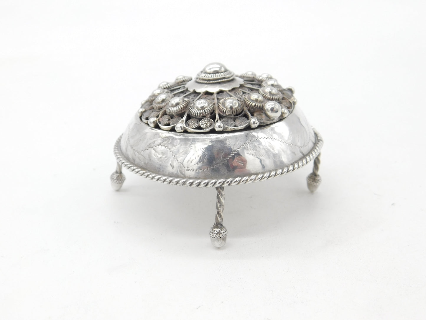 Victorian Middle Eastern Sterling Silver Trinket Box Acorn Feet Antique c1860