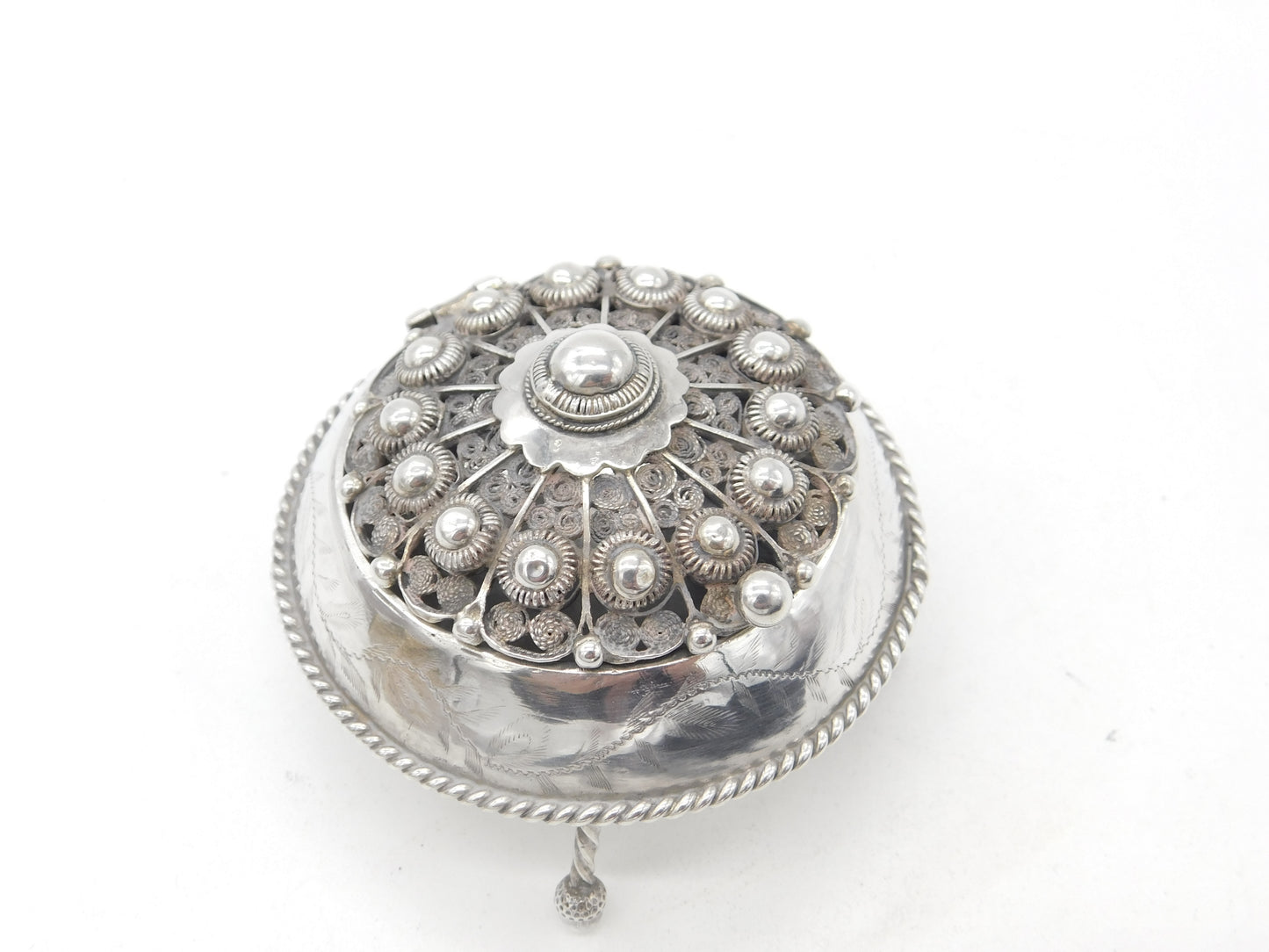 Victorian Middle Eastern Sterling Silver Trinket Box Acorn Feet Antique c1860