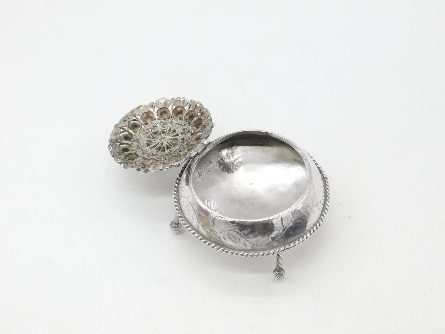 Victorian Middle Eastern Sterling Silver Trinket Box Acorn Feet Antique c1860