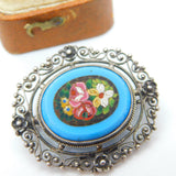 Italian .800 Silver Micro-Mosaic Floral Brooch Pin Antique c1920 Art Deco