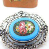Italian .800 Silver Micro-Mosaic Floral Brooch Pin Antique c1920 Art Deco