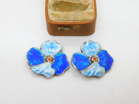 Sterling Silver Blue Guilloche Enamel Floral Clip-On Earrings Antique c1930 Deco