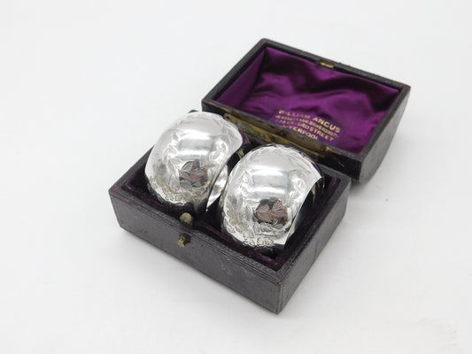 Boxed Pair of Victorian Sterling Silver Floral Napkin Rings 1881 Birmingham