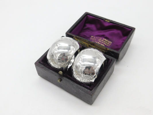 Boxed Pair of Victorian Sterling Silver Floral Napkin Rings 1881 Birmingham