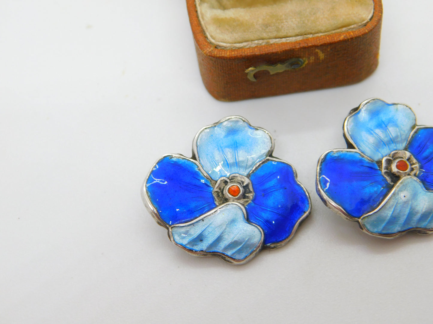 Sterling Silver Blue Guilloche Enamel Floral Clip-On Earrings Antique c1930 Deco