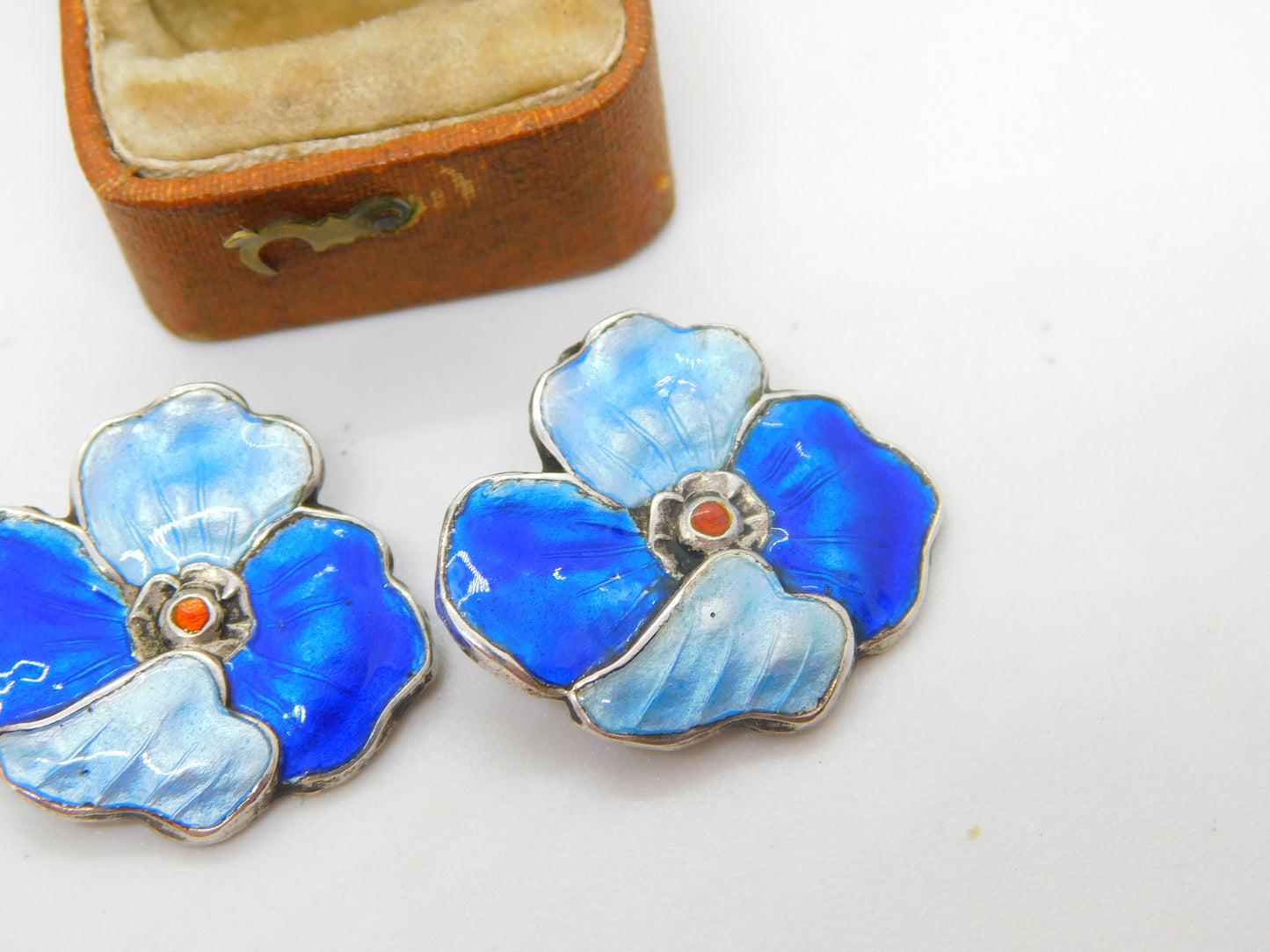 Sterling Silver Blue Guilloche Enamel Floral Clip-On Earrings Antique c1930 Deco