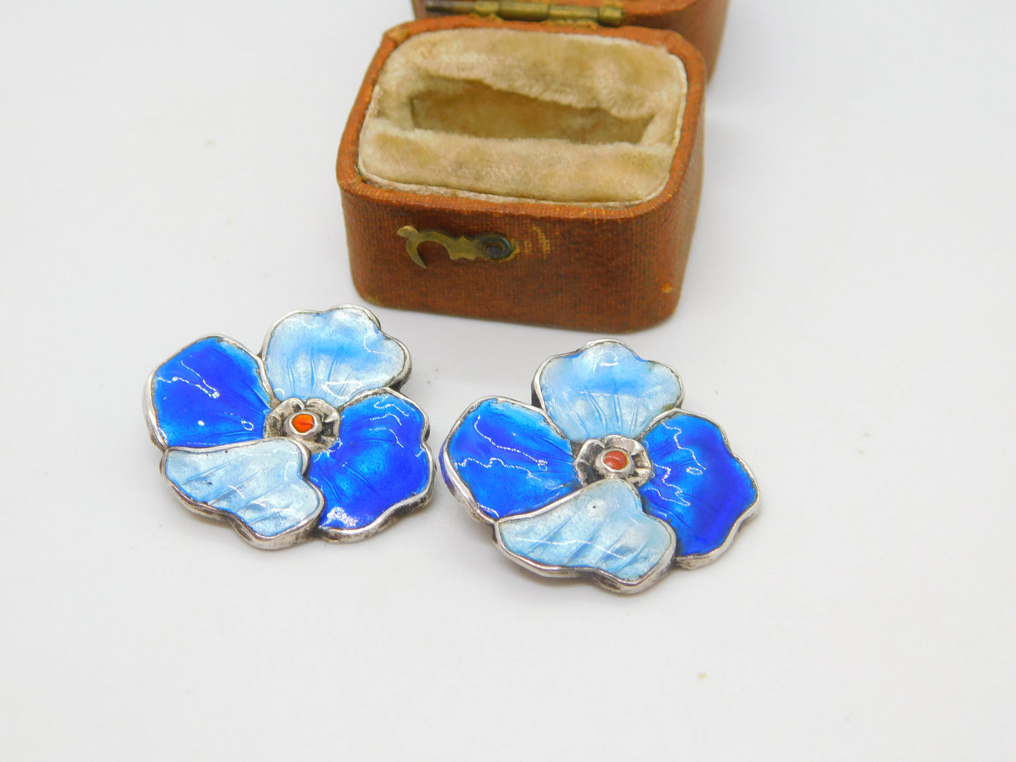 Sterling Silver Blue Guilloche Enamel Floral Clip-On Earrings Antique c1930 Deco