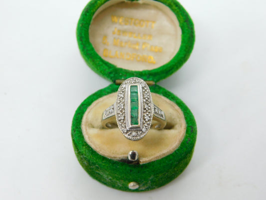 Art Deco 18ct Gold, Baguette Cut Emerald & Diamond Cocktail Ring Antique c1920