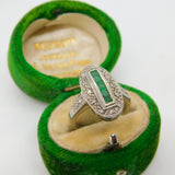 Art Deco 18ct Gold, Baguette Cut Emerald & Diamond Cocktail Ring Antique c1920