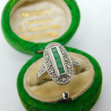 Art Deco 18ct Gold, Baguette Cut Emerald & Diamond Cocktail Ring Antique c1920
