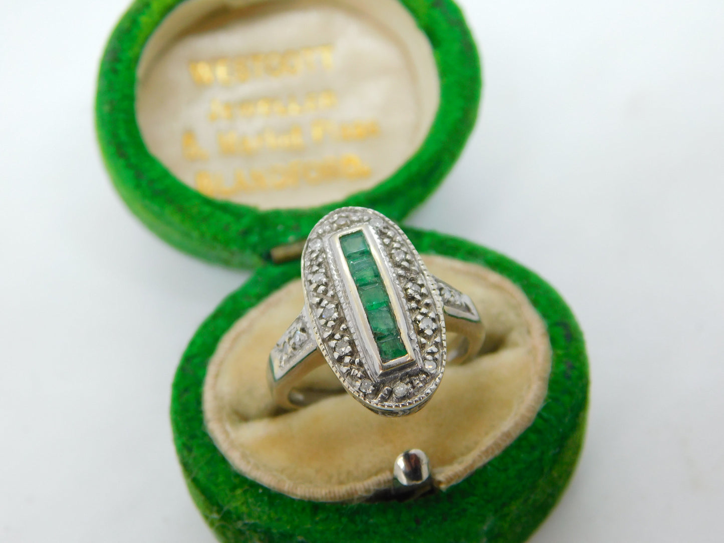 Art Deco 18ct Gold, Baguette Cut Emerald & Diamond Cocktail Ring Antique c1920