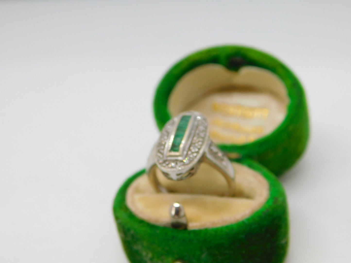 Art Deco 18ct Gold, Baguette Cut Emerald & Diamond Cocktail Ring Antique c1920