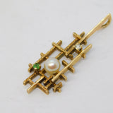 10ct Yellow Gold Brutalist Diamond, Peridot, Pearl Pendant Vintage c1970